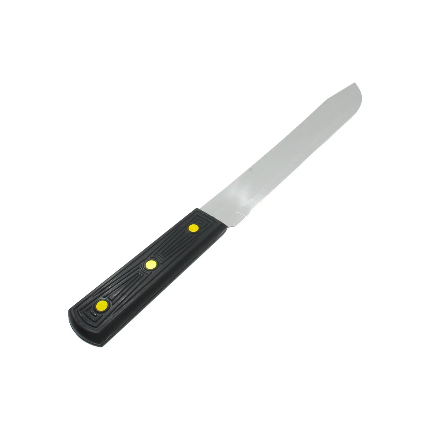 Espátula de hoja recta de metal, mango negro de plástico texturizado con tres remaches amarillos