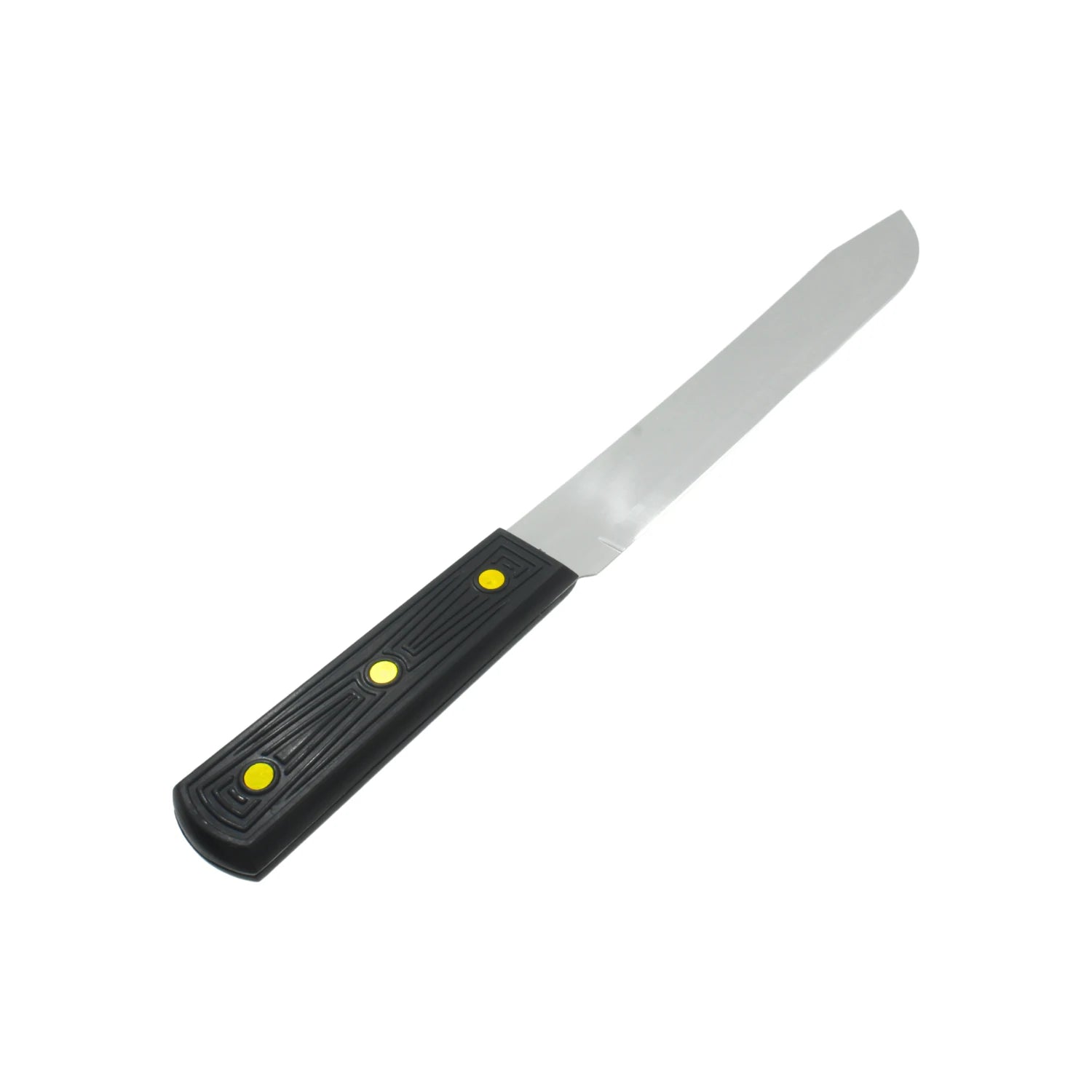 Espátula de hoja recta de metal, mango negro de plástico texturizado con tres remaches amarillos