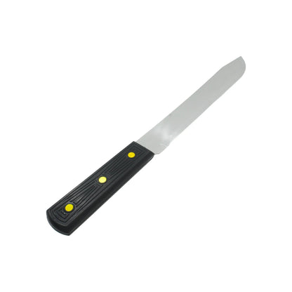 Espátula de hoja recta de metal, mango negro de plástico texturizado con tres remaches amarillos