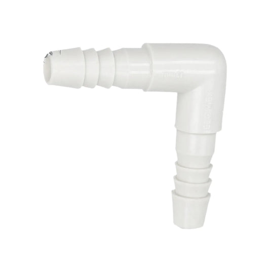 Codo de plástico blanco 90 grados con espigas para manguera, conector estriado para unión de tubería flexible