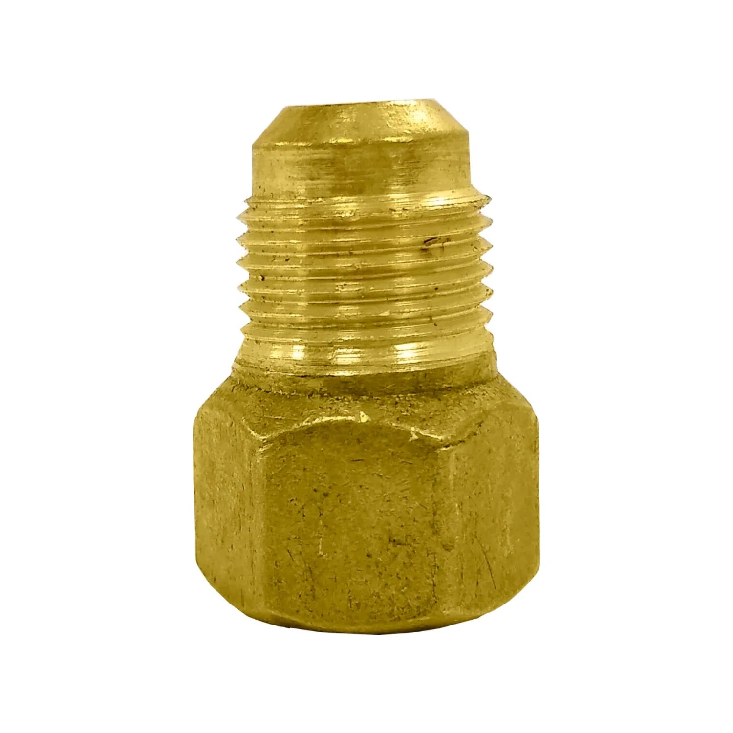 Niple campana 3/8" de latón dorado con rosca para sistemas de gas o agua, conexión hexagonal.