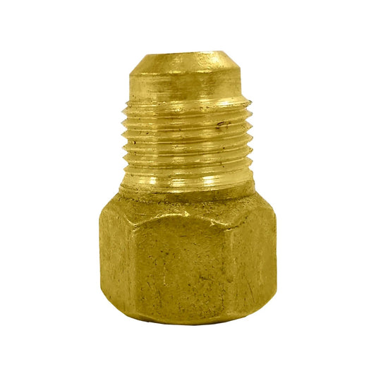 Niple campana 3/8" de latón dorado con rosca para sistemas de gas o agua, conexión hexagonal.
