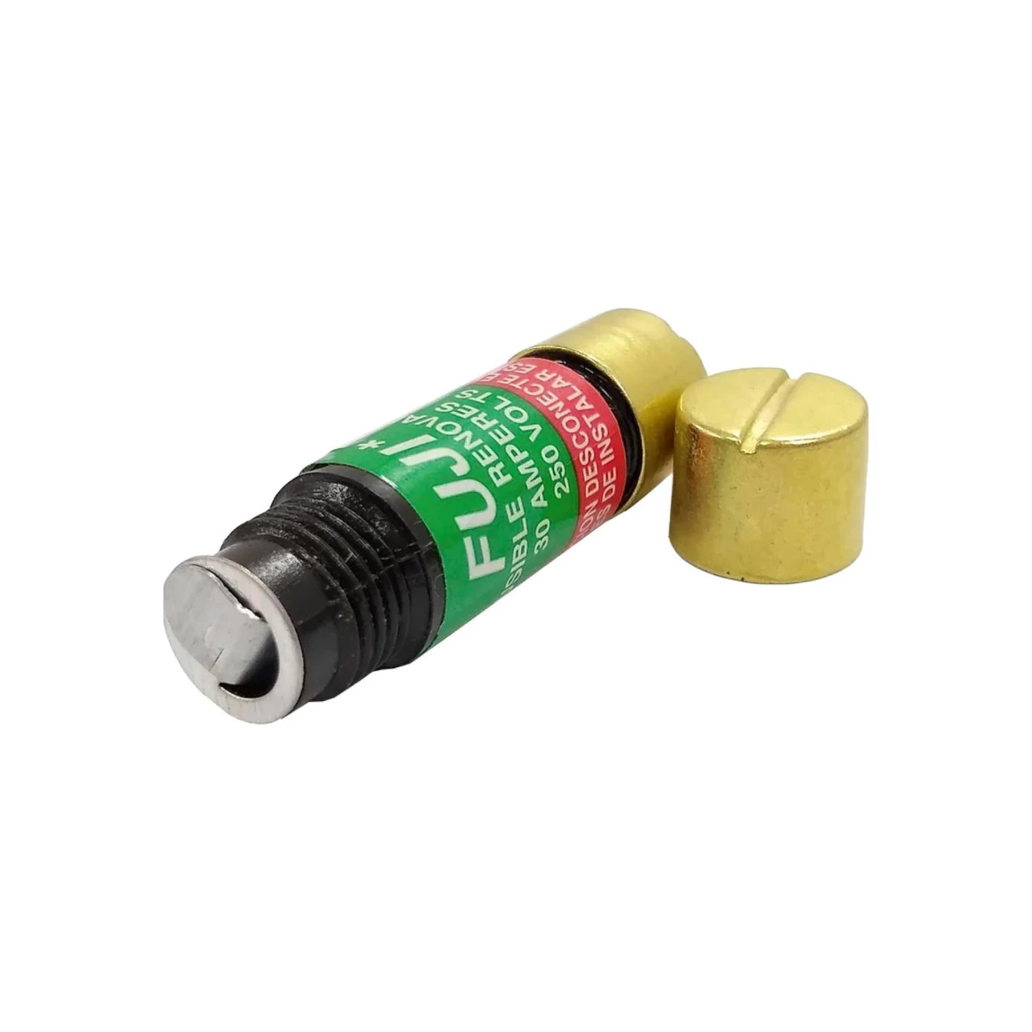 Fusible renovable Fuji 30 amperes 250V, cuerpo verde y extremos dorados, para protección eléctrica.