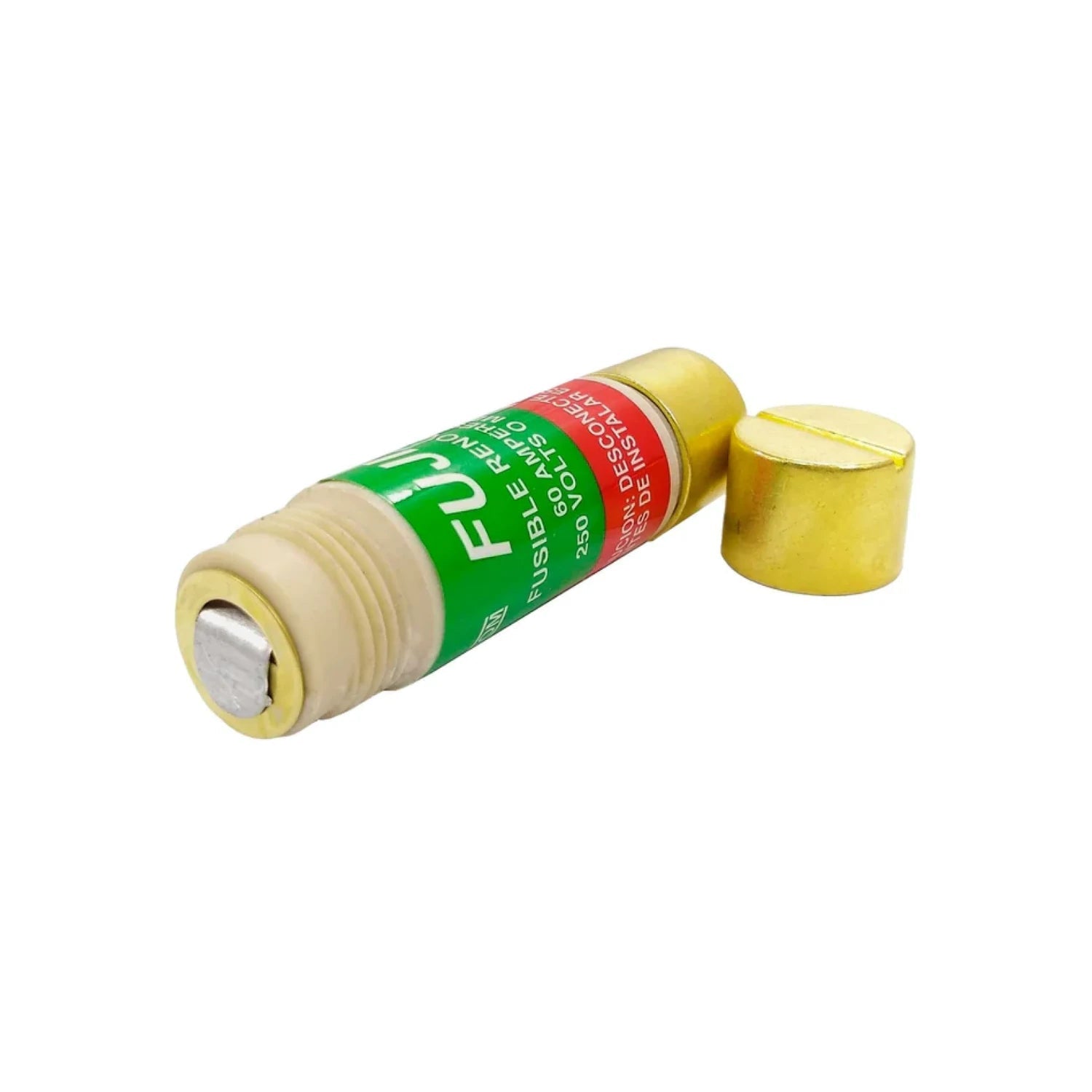 Fusible Fuji de cartucho renovable 60 amperes 250V, cuerpo crema y tapas doradas, para protección eléctrica.