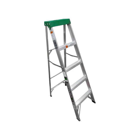 Escalera de tijera Escalumex de aluminio 4 peldaños, plataforma superior verde, plegable para uso profesional