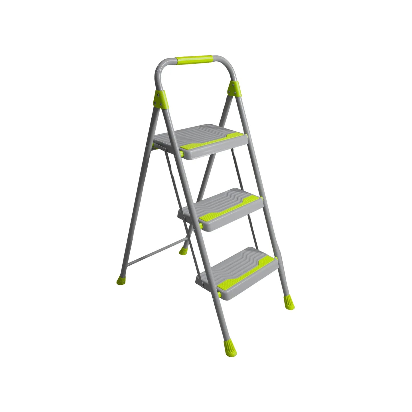 Escalera plegable de 3 peldaños gris y verde lima con peldaños antideslizantes y barandilla de seguridad para el hogar