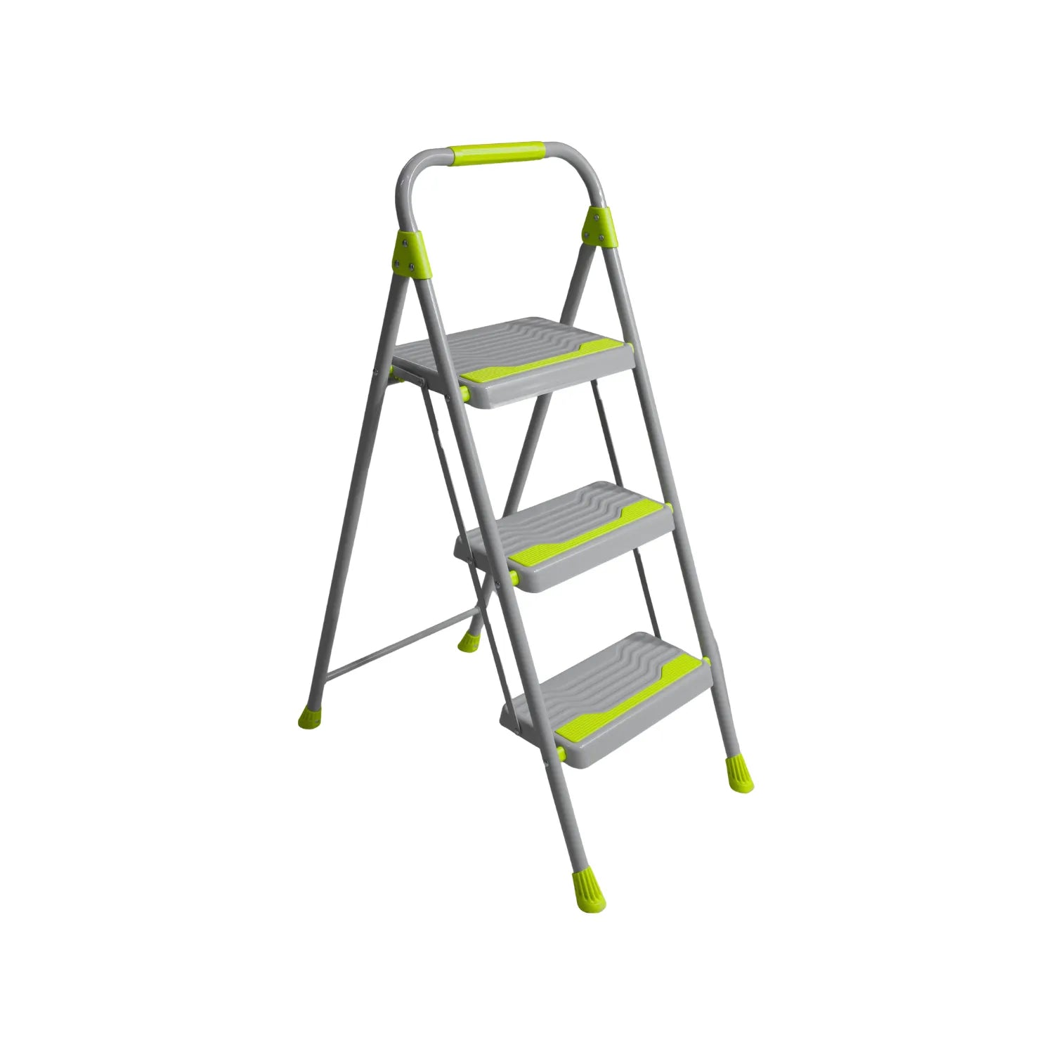 Escalera plegable de 3 peldaños gris y verde lima con peldaños antideslizantes y barandilla de seguridad para el hogar