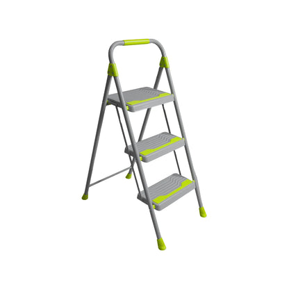 Escalera plegable de 3 peldaños gris y verde lima con peldaños antideslizantes y barandilla de seguridad para el hogar