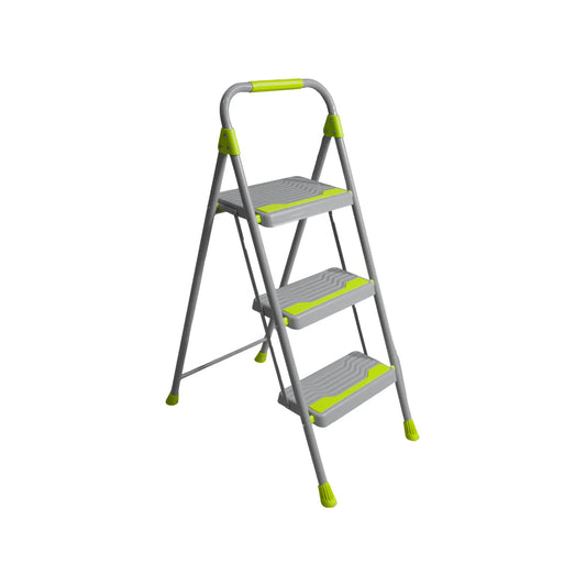 Escalera plegable de 3 peldaños gris y verde lima con peldaños antideslizantes y barandilla de seguridad para el hogar