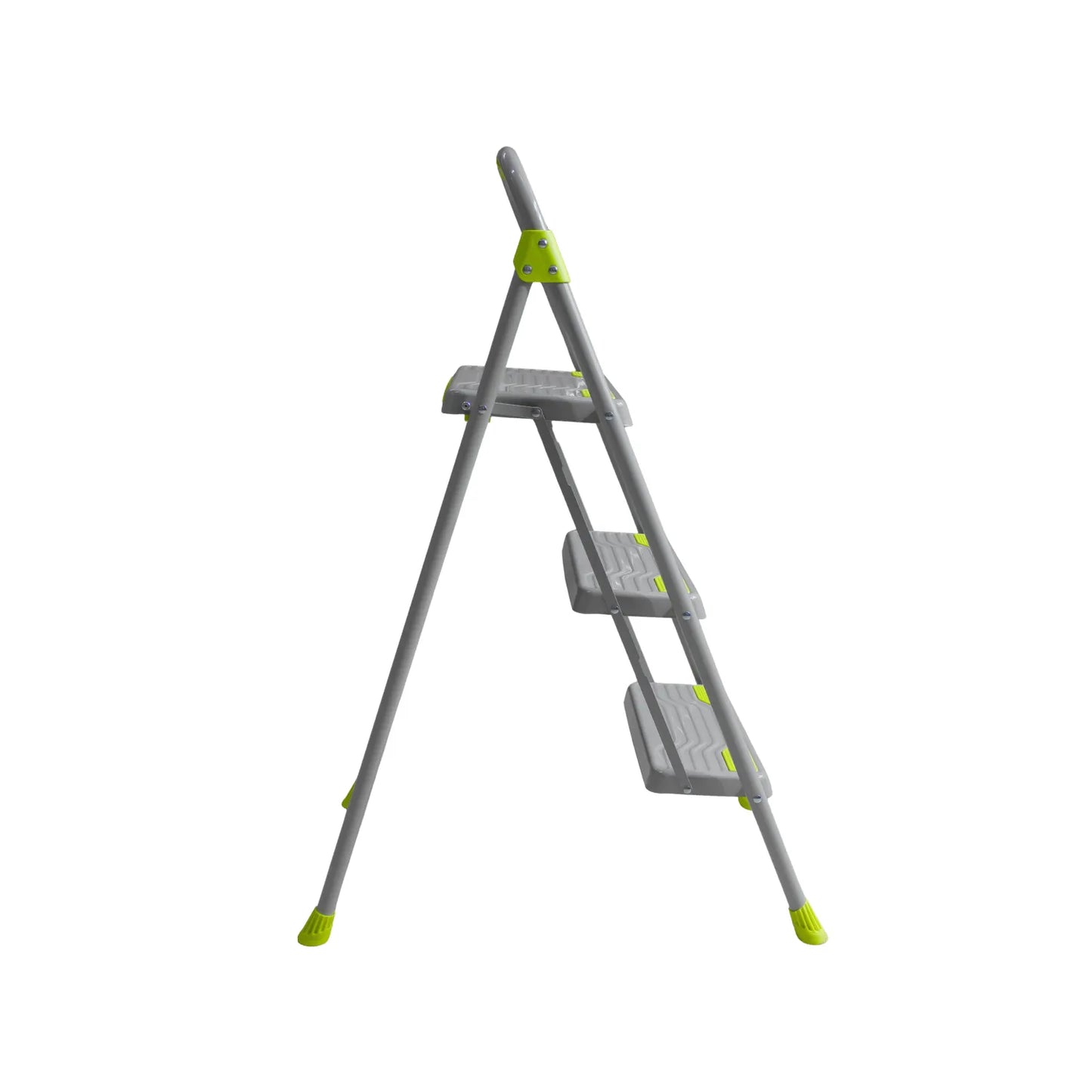 Escalera de tijera plegable de 3 peldaños gris y verde lima con base antideslizante para uso doméstico