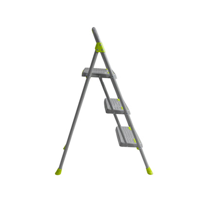 Escalera de tijera plegable de 3 peldaños gris y verde lima con base antideslizante para uso doméstico