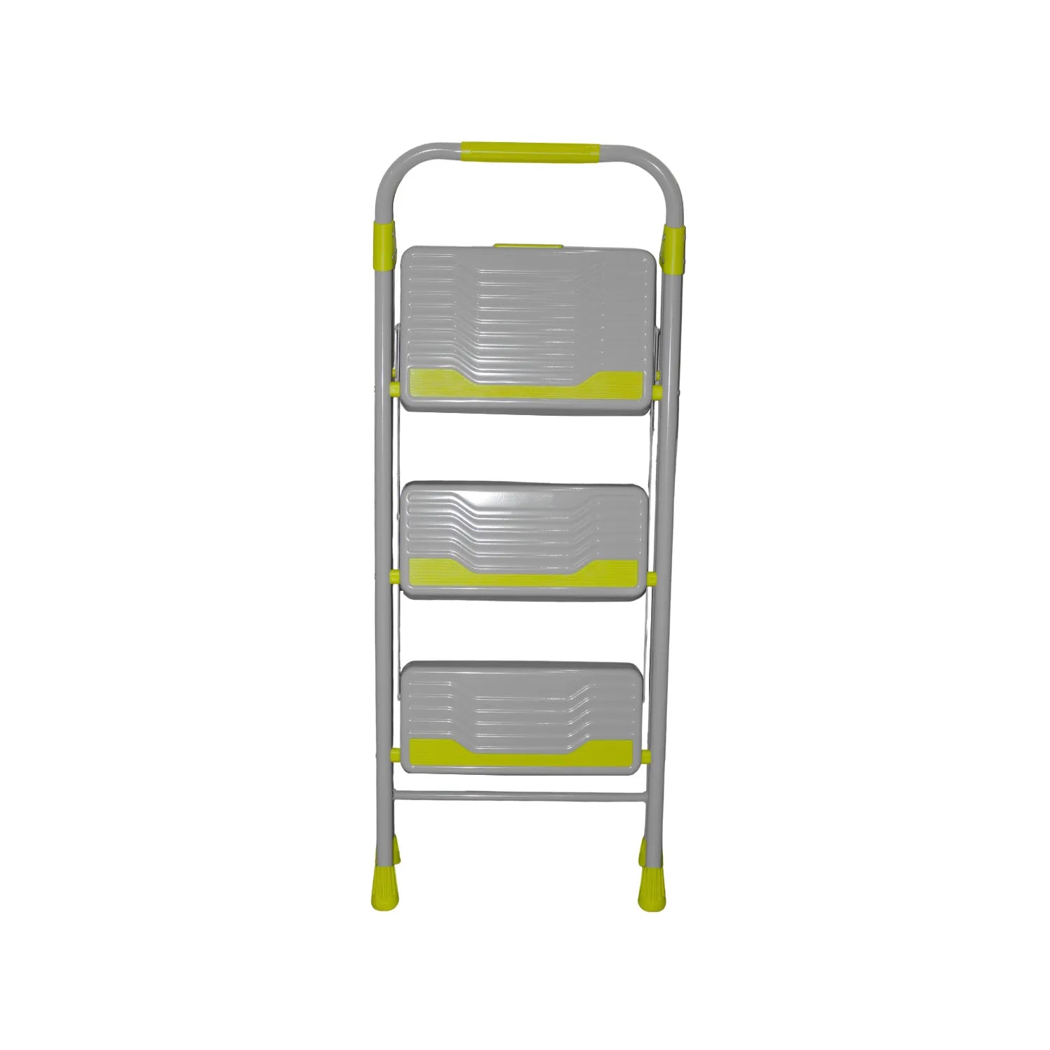 Escalera plegable de 3 peldaños color gris y verde con superficie antideslizante y barandal de seguridad.