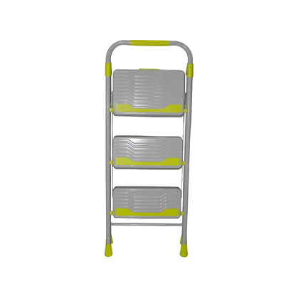 Escalera plegable de 3 peldaños color gris y verde con superficie antideslizante y barandal de seguridad.