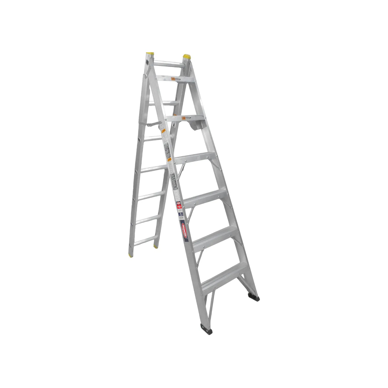 Escalera de tijera de aluminio Akron de 6 peldaños con plataforma amarilla y diseño plegable profesional.