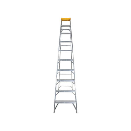 Escalera recta de aluminio con 10 peldaños, tope superior amarillo, ideal para construcción y mantenimiento