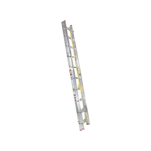 Escalera de extensión de aluminio con 20 peldaños, cuerda amarilla y topes rojos, ideal para trabajos de altura y construcción.