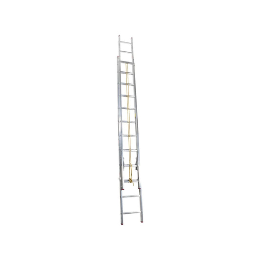 Escalera de extensión de aluminio con 24 peldaños, mecanismo de cuerda, para trabajos de construcción y altura.