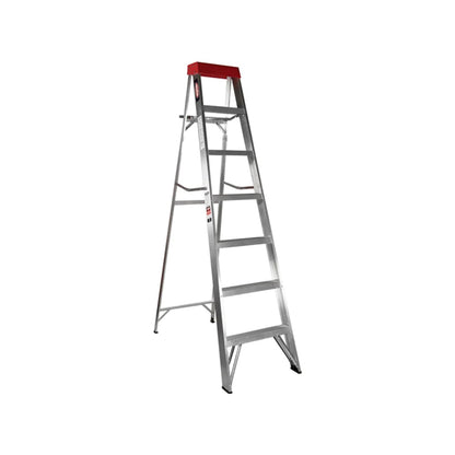Escalera de tijera de aluminio 6 peldaños (1.82m) con bandeja superior roja, uso profesional