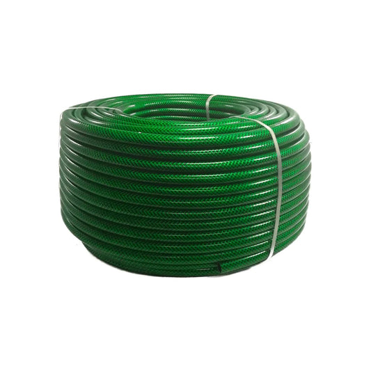 Manguera tramada verde 5/8" x 100m para jardín, riego y uso general, enrollada