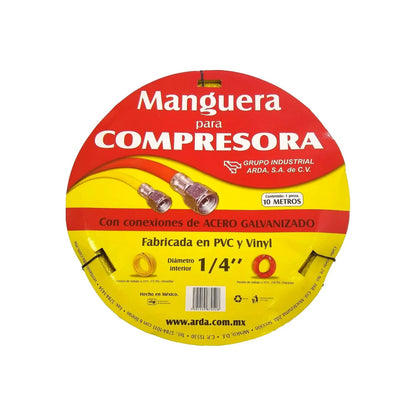 Manguera para compresora ARDA PVC 1/4" x 10m amarilla con conexiones de acero galvanizado 175 PSI