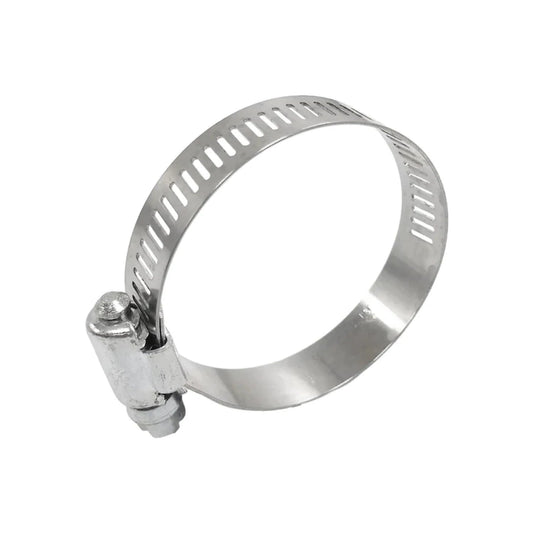 Abrazadera sin fin metálica de acero inoxidable para mangueras y tubos, con mecanismo de tornillo para un ajuste seguro.