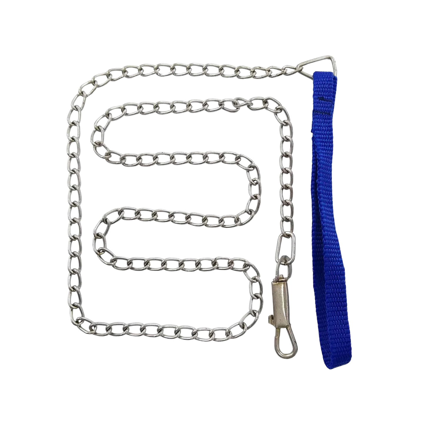 Cadena para perro de eslabones metálicos, con asa de tela azul y mosquetón de seguridad para paseo