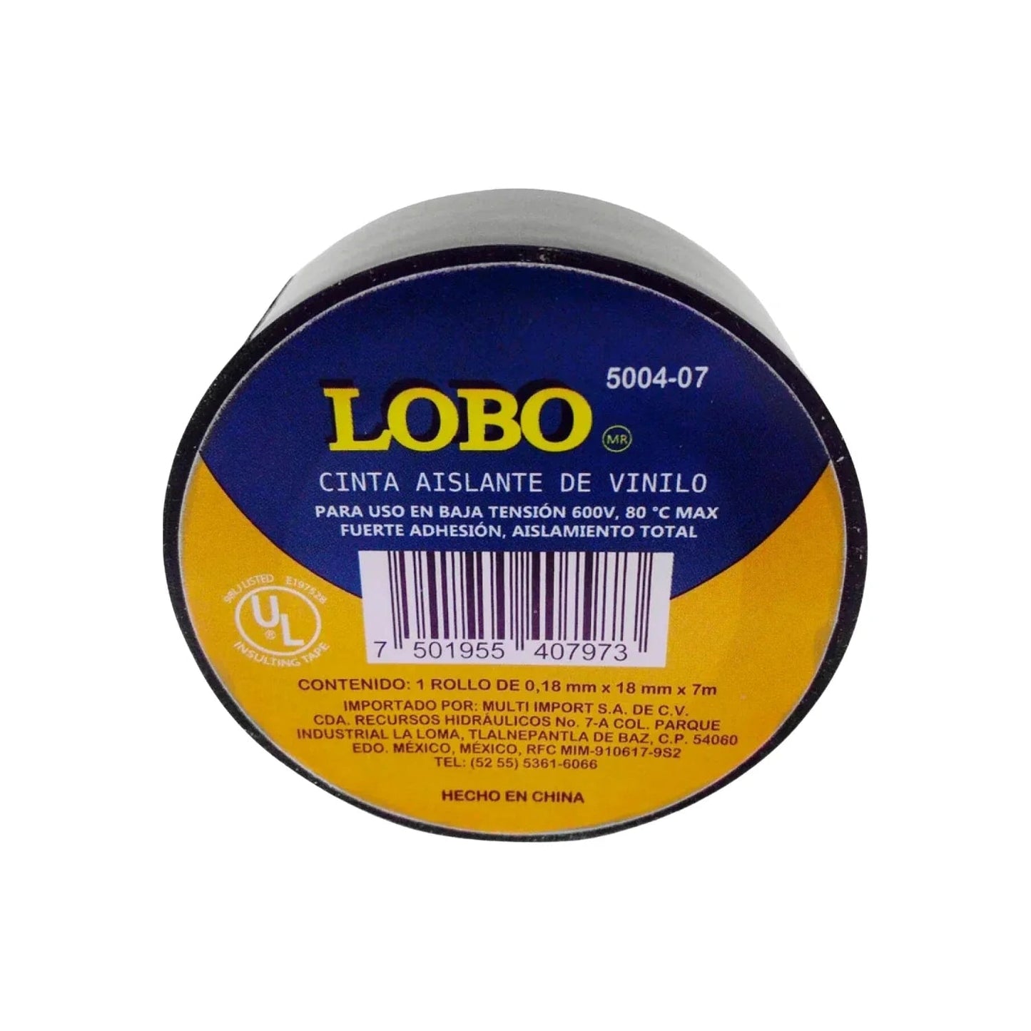 Cinta aislante de vinilo negra Lobo 5004-07, 18mm x 7m, 600V, max 80°C, fuerte adhesión