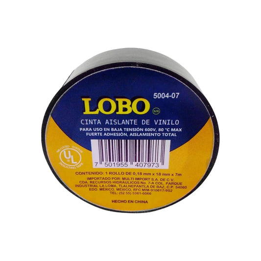 Cinta aislante de vinilo negra Lobo 5004-07, 18mm x 7m, 600V, max 80°C, fuerte adhesión