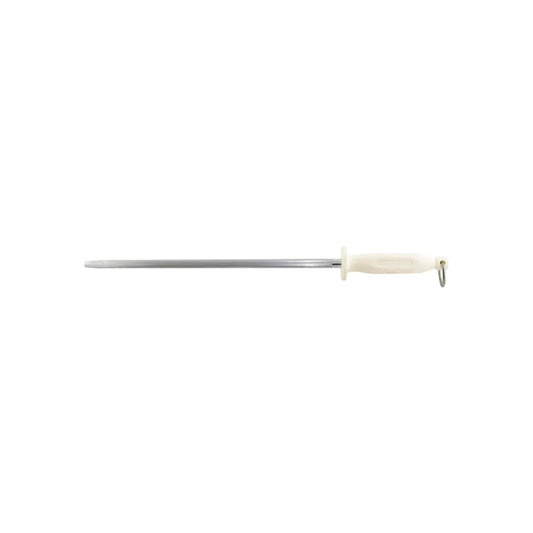 Chaira profesional redonda de acero para afilar cuchillos, mango ergonómico blanco/crema con aro para colgar.