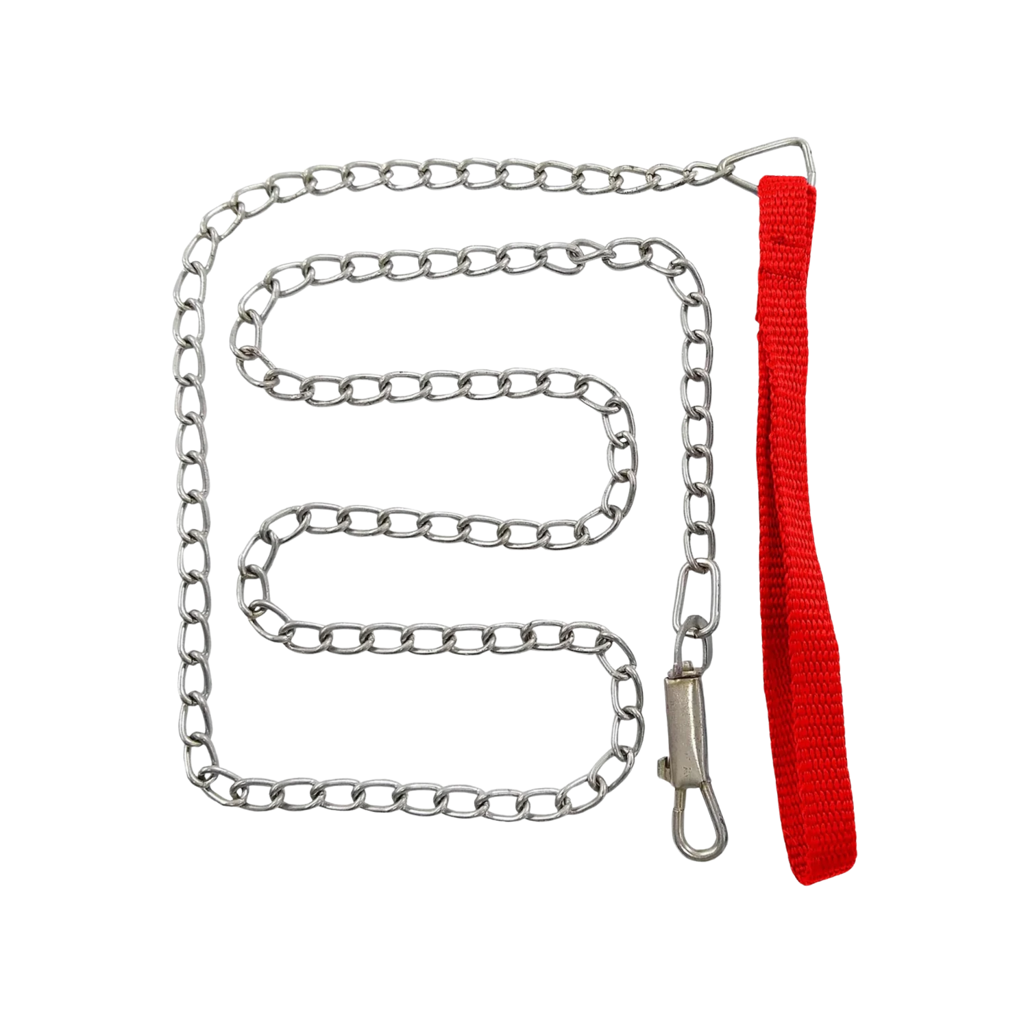 Correa de cadena de acero para perro con eslabones resistentes, asa de nylon roja y gancho de seguridad.