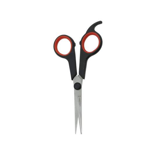 Tijera profesional LOBOLIBERTY para corte de cabello, mangos negros y rojos con reposadedos