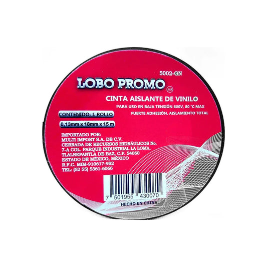 Cinta aislante de vinilo negra Lobo Promo 5002-GN 15m para electricidad uso baja tensión 600V