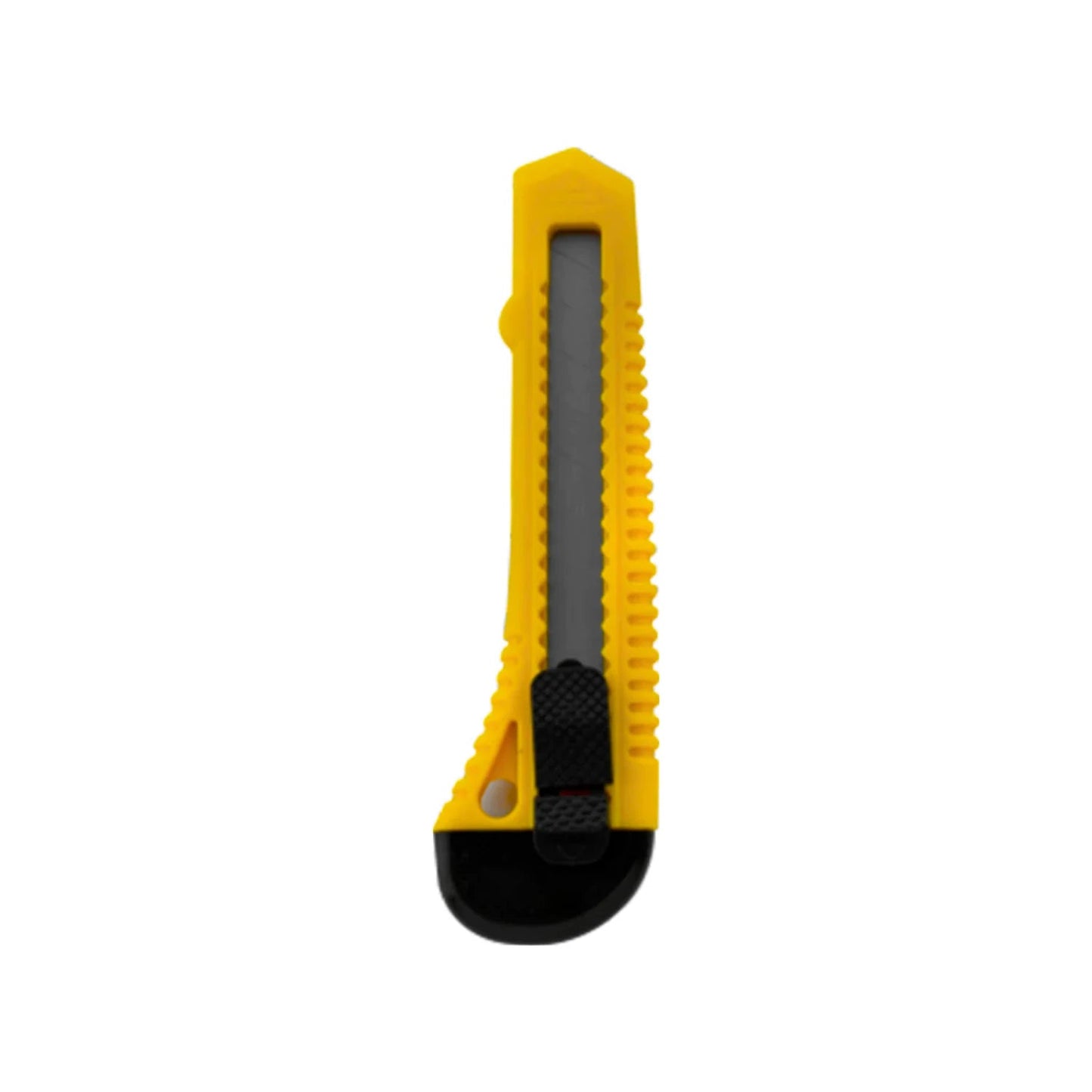 Cúter amarillo y negro con hoja de acero segmentada retráctil, ideal para cortes precisos en ferretería.