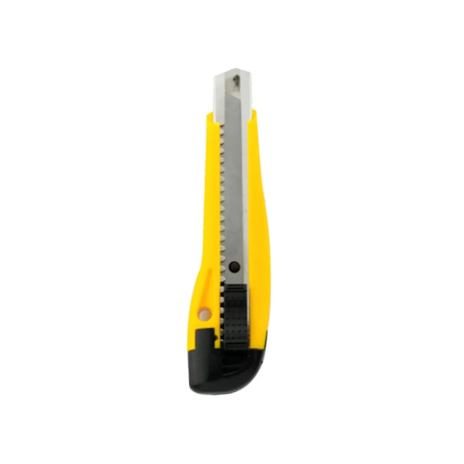 Cúter retráctil con cuerpo plástico amarillo, cuchilla de acero inoxidable y sistema de bloqueo automático de alta resistencia