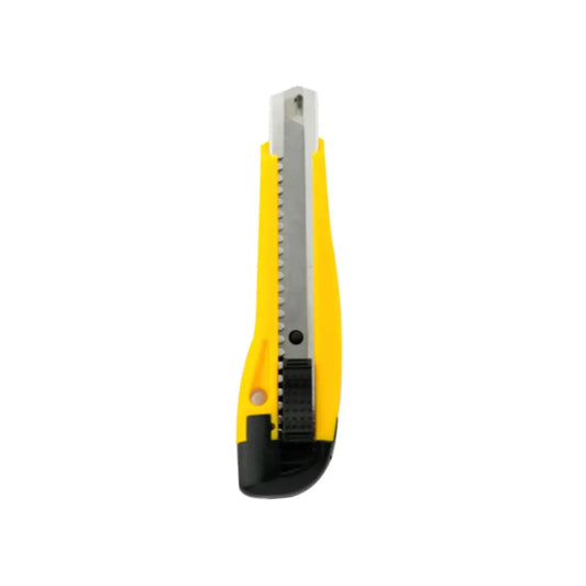 Cúter retráctil con cuerpo plástico amarillo, cuchilla de acero inoxidable y sistema de bloqueo automático de alta resistencia