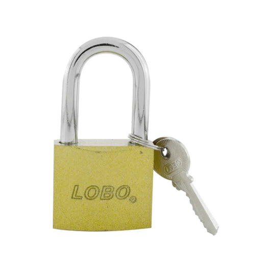 Candado de latón dorado LOBO con grillete cromado y llave metálica, para seguridad en hogar y negocio.
