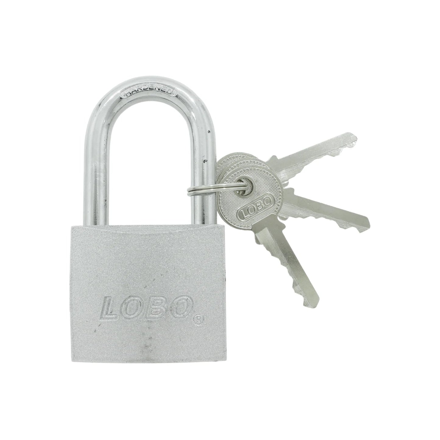 Candado de seguridad LOBO plateado con gancho largo endurecido y juego de llaves. Ideal para protección.