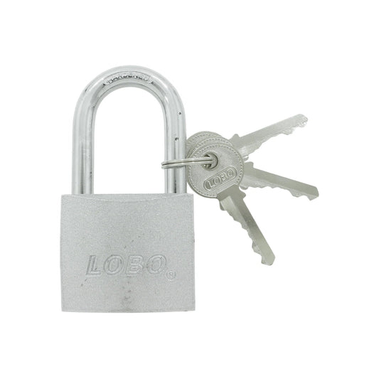 Candado de seguridad LOBO plateado con gancho largo endurecido y juego de llaves. Ideal para protección.