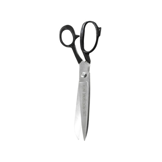 Tijera de sastre profesional LOBO, hojas de acero inoxidable INOX, mangos ergonómicos negros.