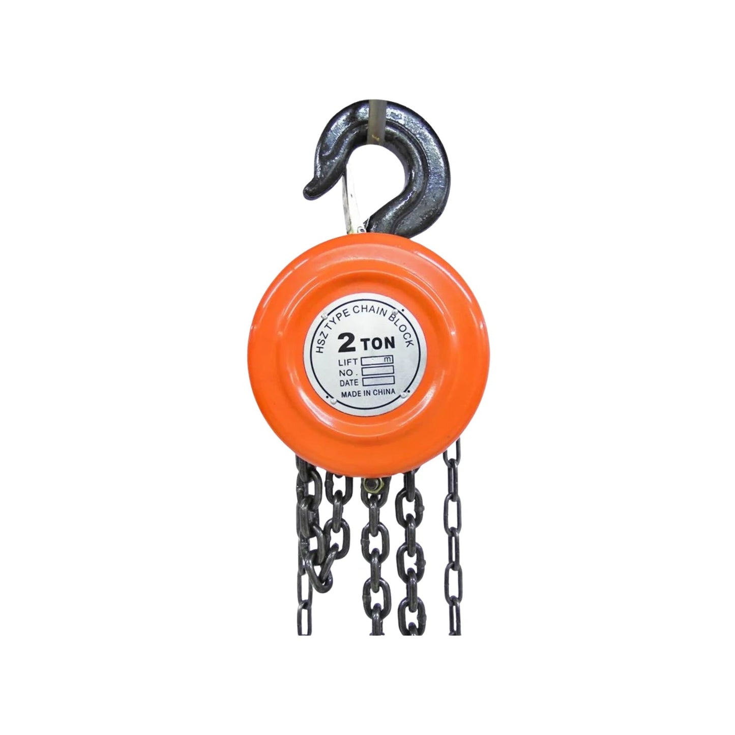 Garrucha de cadena manual naranja 2 toneladas para elevación de carga, 3 metros de alcance con gancho de seguridad.