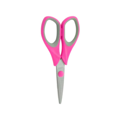 Tijera de oficina con mango suave ergonómico rosa y gris para cortar papel y manualidades