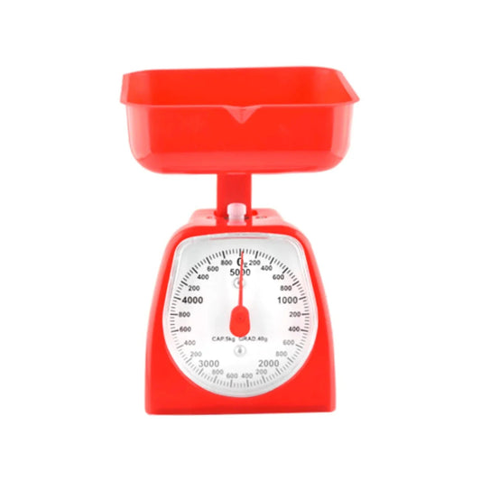 Báscula de cocina analógica roja con tazón, capacidad 5kg para ingredientes y alimentos