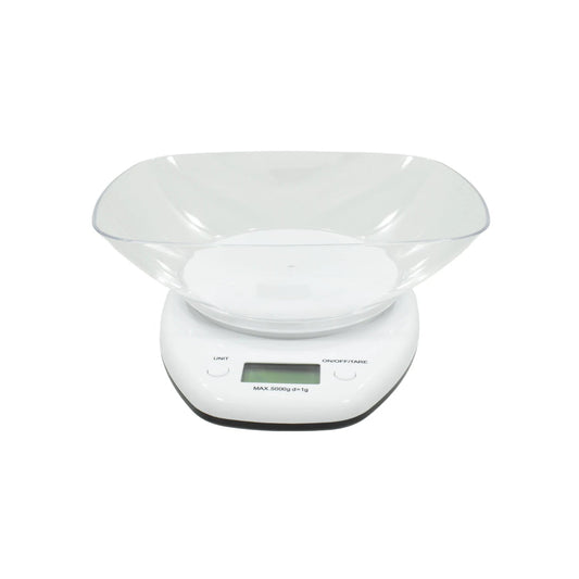 Báscula de cocina digital blanca con cuenco transparente, capacidad 5kg y precisión 1g, para medir alimentos.