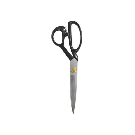 Tijera de sastre profesional con mango negro antiderrapante y hojas de acero para tela.
