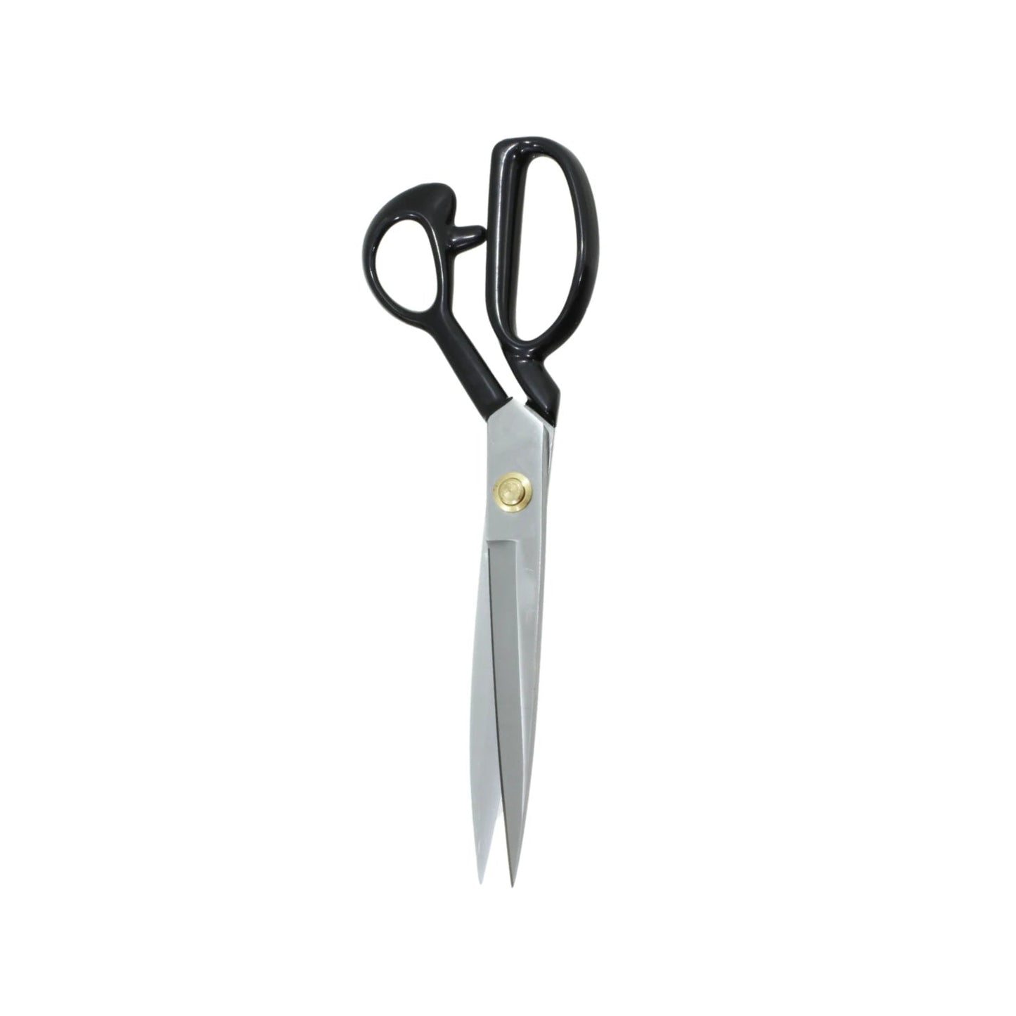 Tijera de sastre profesional 12'' con mango antiderrapante negro y hojas largas de acero inoxidable plateado.