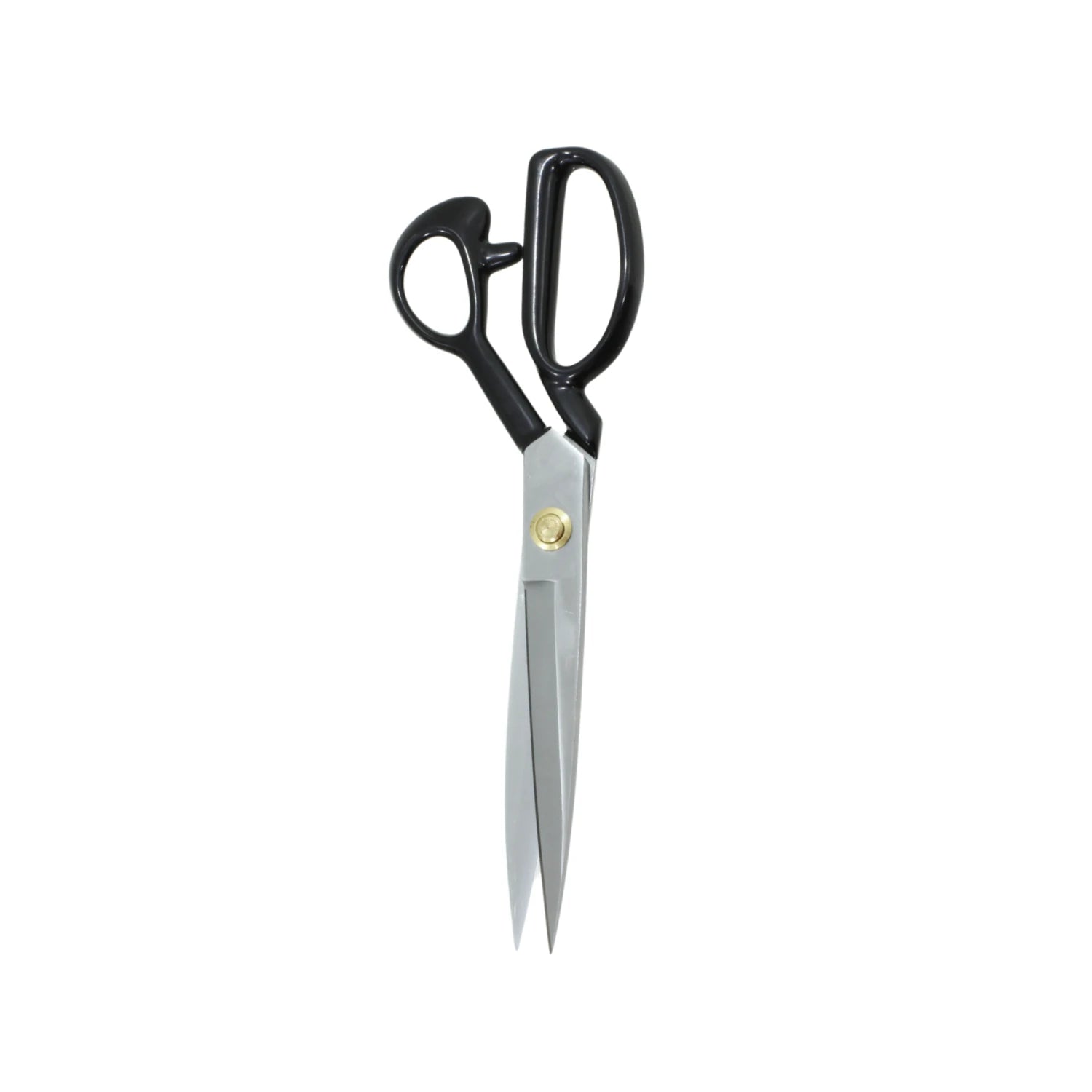 Tijera de sastre profesional 12'' con mango antiderrapante negro y hojas largas de acero inoxidable plateado.