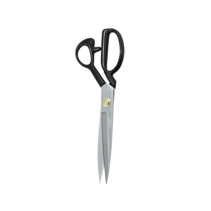 Tijera de sastre profesional 12'' con mango antiderrapante negro y hojas largas de acero inoxidable plateado.
