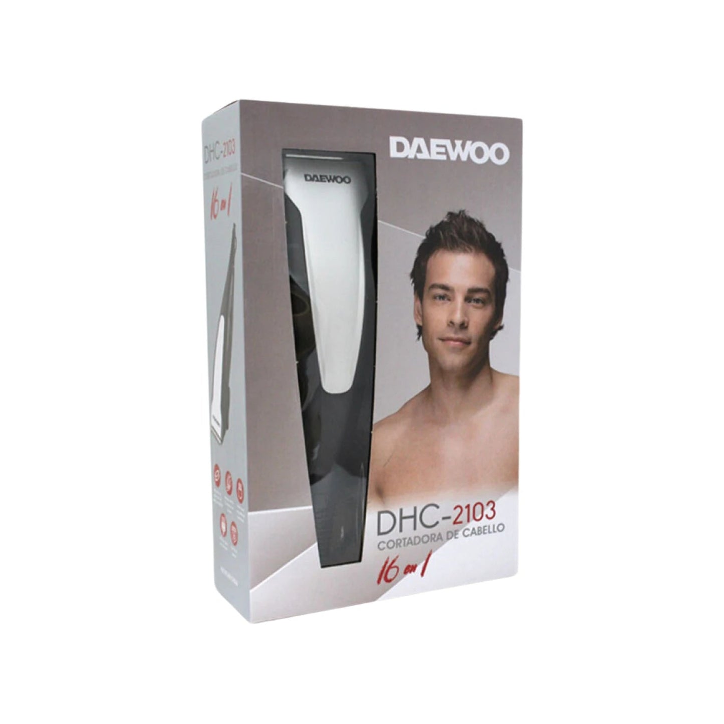 Cortadora de cabello Daewoo DHC-2103 con accesorios 16 en 1, diseño blanco y negro, en caja