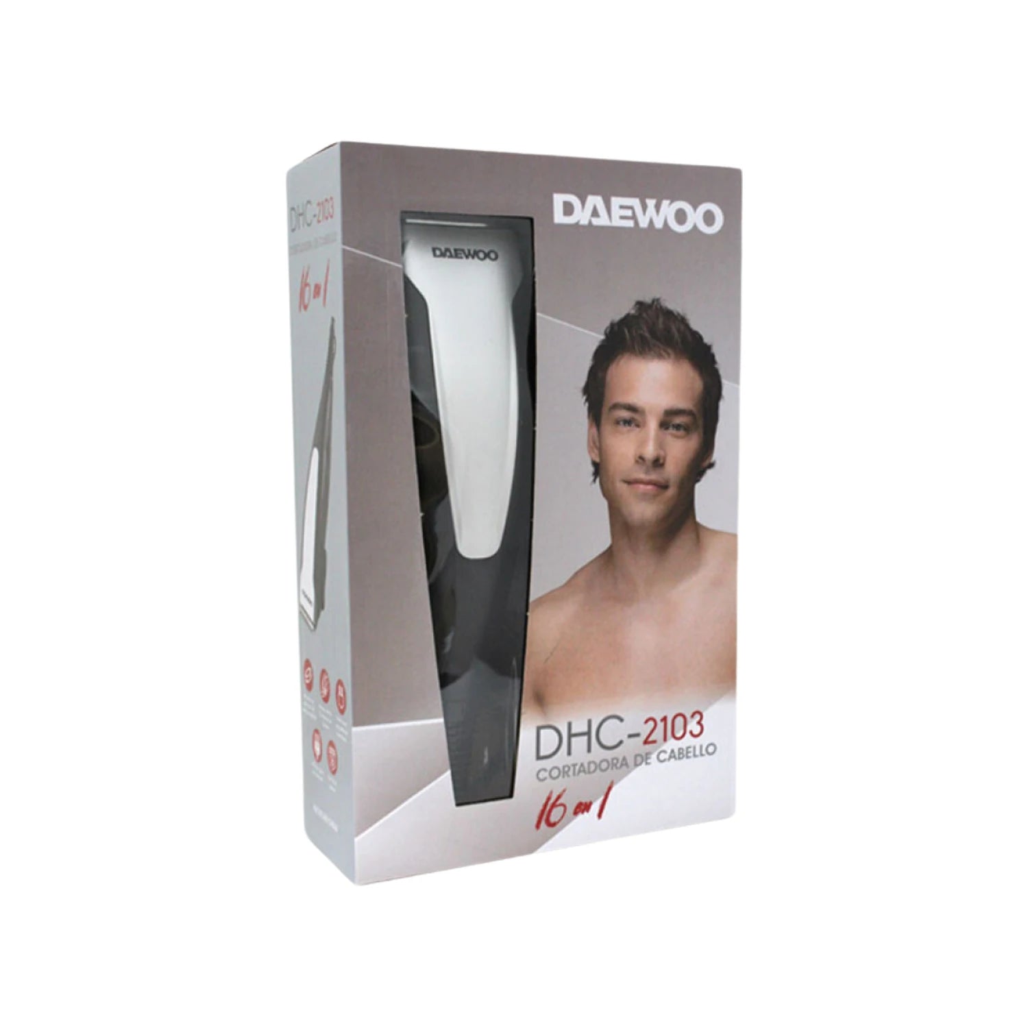 Cortadora de cabello Daewoo DHC-2103 con accesorios 16 en 1, diseño blanco y negro, en caja