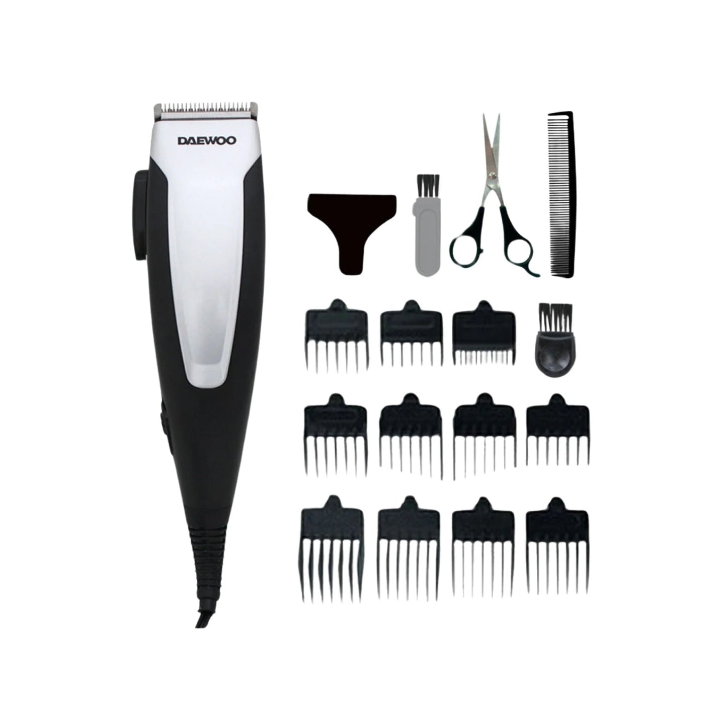 Kit cortadora de cabello eléctrica Daewoo negro y plata con 12 peines guía, tijeras, peine y accesorios de limpieza